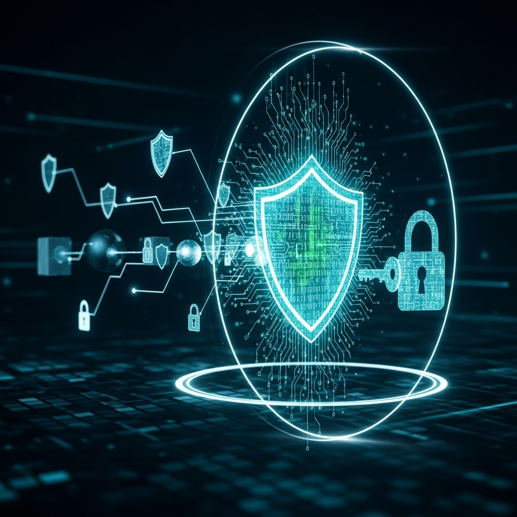 Concepto de ciberseguridad con un candado digital sobre una red de datos